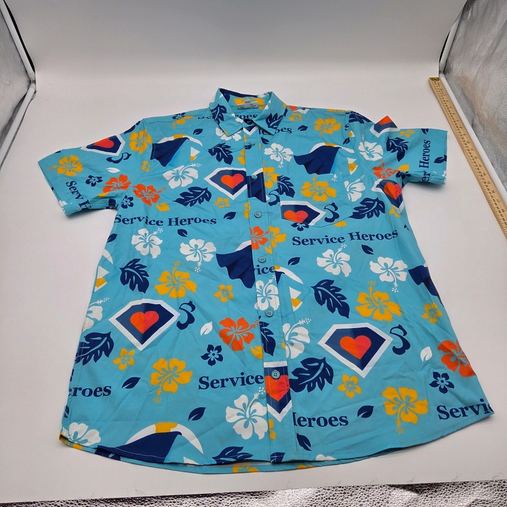 Roody Service Heroes Hawaiian Shirt Mens XL Blue Tropical Superhero Button Down